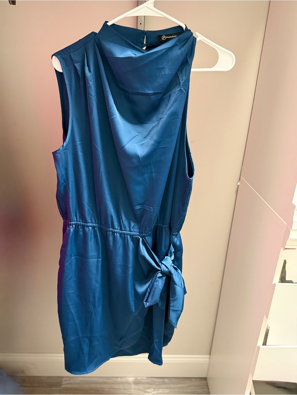 Sleeveless Asymmetrical Satin Dress with Side Tie in Teal